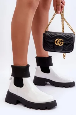 Damskie Boto Botki Sztyblety Lakierowane Damskie Białe Pavo