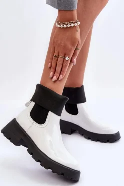 Damskie Boto Botki Sztyblety Lakierowane Damskie Białe Pavo