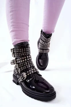 Damskie Boto Botki Sztyblety Lakierowane Z Paskami Czarne Marchelli