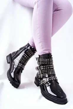 Damskie Boto Botki Sztyblety Lakierowane Z Paskami Czarne Marchelli