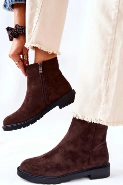 Boto Czarne Botki|Botki Zimowe Damskie*Botki Sztyblety Na Płaskim Obcasie Brązowe Laurette