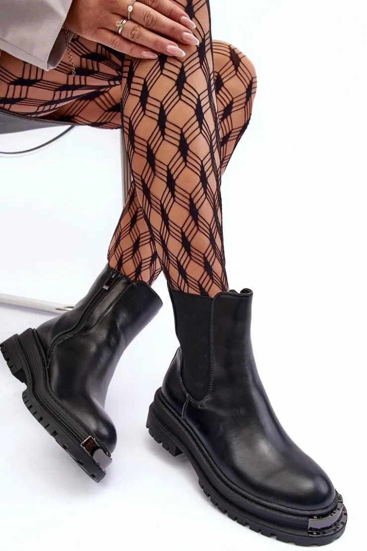 Outlet Boto Botki Sztyblety Na Płaskim Obcasie I Platformie Czarne Linestta