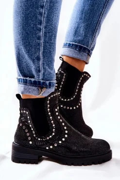 Damskie Boto Botki Sztyblety Na Płaskim Obcasie Ćwieki Czarne Shivers