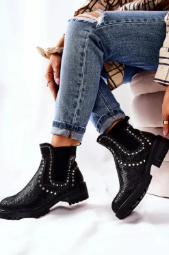 Damskie Boto Botki Sztyblety Na Płaskim Obcasie Ćwieki Czarne Shivers