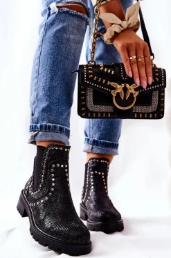 Damskie Boto Botki Sztyblety Na Płaskim Obcasie Ćwieki Czarne Shivers