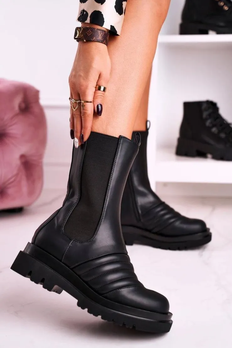 Boto Czarne Botki|Botki Płaskie*Botki Sztyblety Na Platformie Czarne Evelina