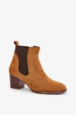 Damskie Boto Botki Sztyblety Na Słupku Z Eko Zamszu Camel Sinirae