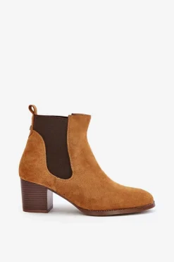 Damskie Boto Botki Sztyblety Na Słupku Z Eko Zamszu Camel Sinirae