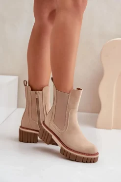 Damskie Boto Botki Sztyblety Na Zamek Ocieplane Beżowe Linneviae