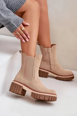 Damskie Boto Botki Sztyblety Na Zamek Ocieplane Beżowe Linneviae