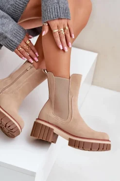Damskie Boto Botki Sztyblety Na Zamek Ocieplane Beżowe Linneviae