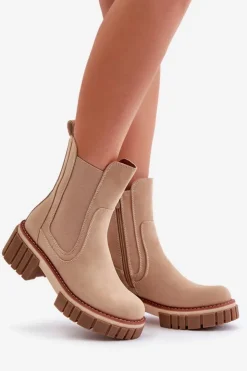 Damskie Boto Botki Sztyblety Na Zamek Ocieplane Beżowe Linneviae