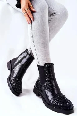 New Boto Botki Sztyblety Z Dżetami Czarne Monah