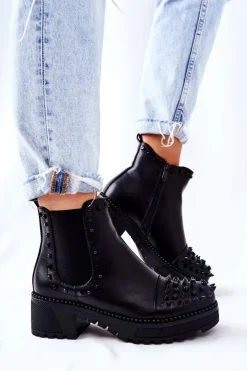 Boto Botki Na Słupku|Czarne Botki*Botki Sztyblety Z Dżetami Czarne Comonis