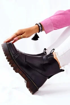 Damskie Boto Botki Sztyblety Z Kolorowym Przeszyciem Czarne Milie