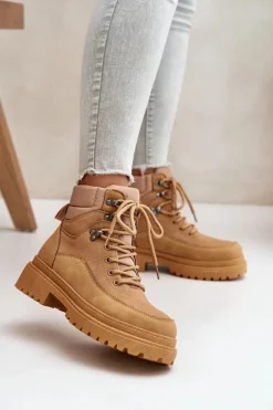 Hot Boto Botki Trapery Damskie Sznurowane Camel Rabaria