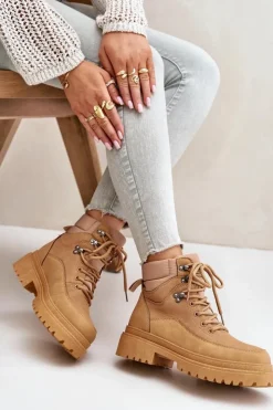 Hot Boto Botki Trapery Damskie Sznurowane Camel Rabaria
