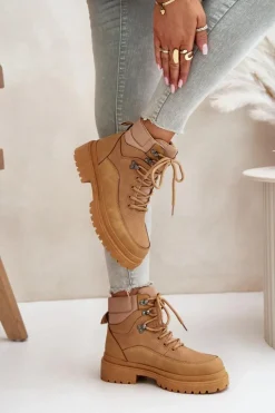 Hot Boto Botki Trapery Damskie Sznurowane Camel Rabaria