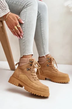 Hot Boto Botki Trapery Damskie Sznurowane Camel Rabaria