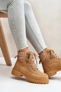Hot Boto Botki Trapery Damskie Sznurowane Camel Rabaria