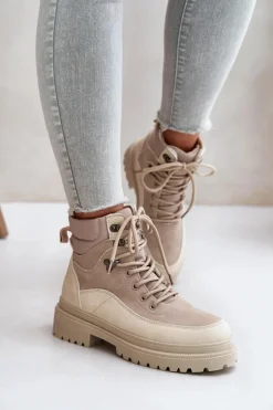 Damskie Boto Botki Trapery Damskie Sznurowane Beżowe Rabaria
