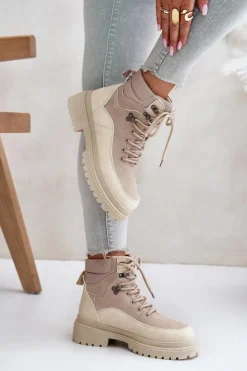 Damskie Boto Botki Trapery Damskie Sznurowane Beżowe Rabaria
