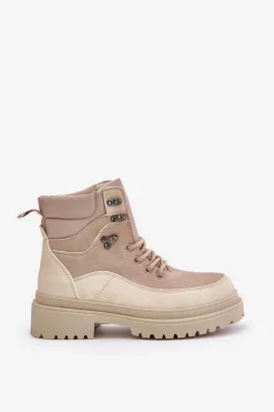 Damskie Boto Botki Trapery Damskie Sznurowane Beżowe Rabaria