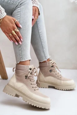 Damskie Boto Botki Trapery Damskie Sznurowane Beżowe Rabaria