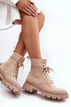 Damskie Boto Botki Trapery Damskie Sznurowane Beżowe Gordts