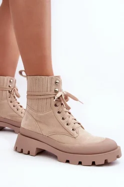 Damskie Boto Botki Trapery Damskie Sznurowane Beżowe Gordts