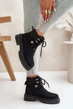 Boto Damskie Trapery|Botki Sznurowane*Botki Trapery Damskie Sznurowane Czarne Rabaria