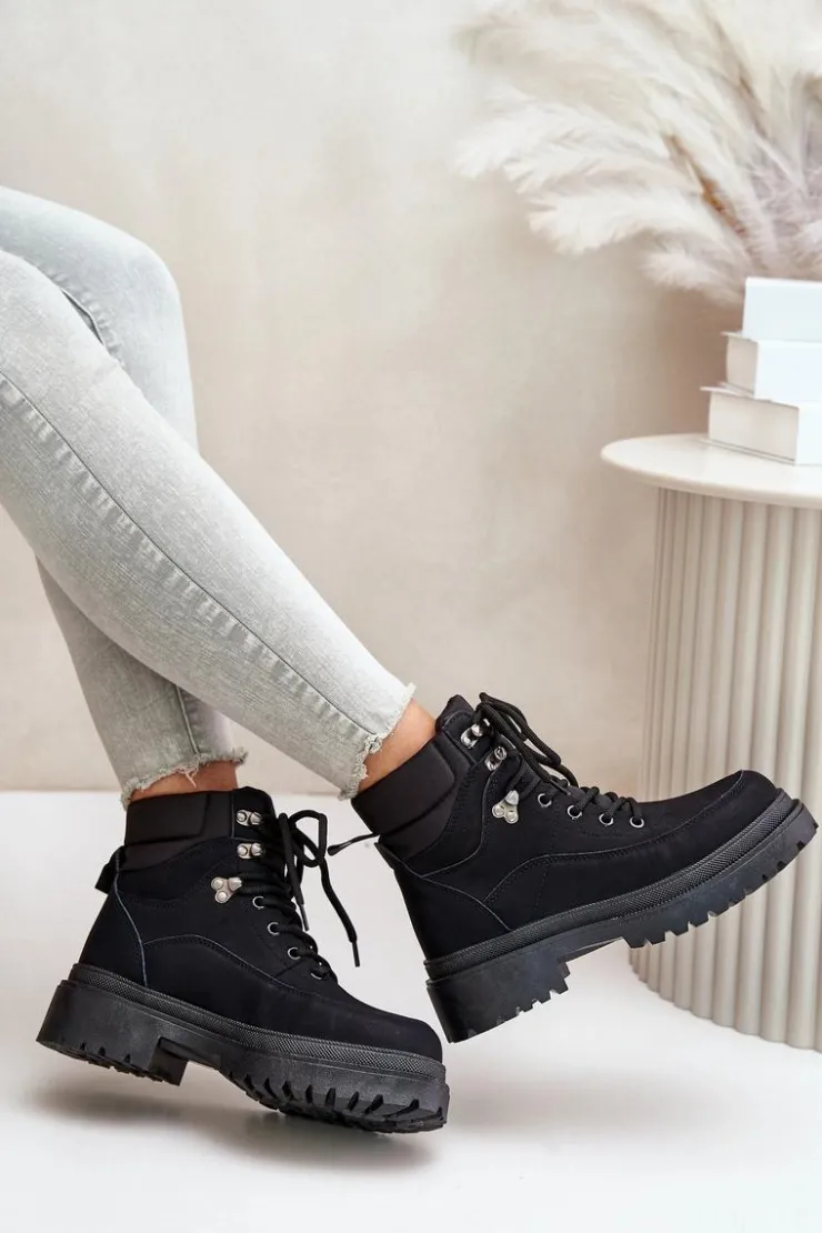 Boto Damskie Trapery|Botki Sznurowane*Botki Trapery Damskie Sznurowane Czarne Rabaria