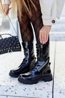 Damskie Buty Sergio Leone Botki Trapery Glany Lakierowane Sergio Leone TR747 Czarne