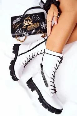 Buty Sergio Leone Damskie Trapery|Botki Sznurowane*Botki Trapery Glany Sergio Leone TR747 Białe