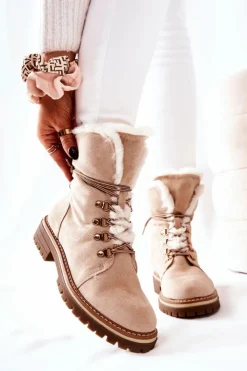 Damskie Boto Botki Trapery Ocieplane Beżowe Nelby