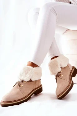 Damskie Boto Botki Trapery Ocieplane Beżowe Nelby