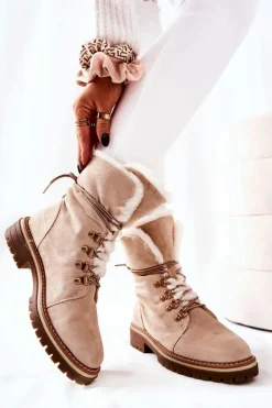 Damskie Boto Botki Trapery Ocieplane Beżowe Nelby