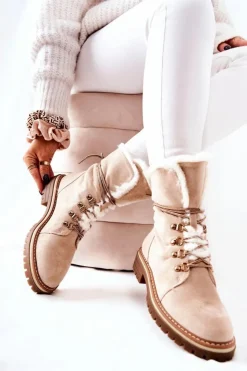 Damskie Boto Botki Trapery Ocieplane Beżowe Nelby