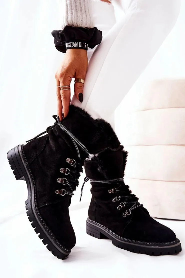 Boto Damskie Trapery|Botki Sznurowane*Botki Trapery Ocieplane Czarne Nelby