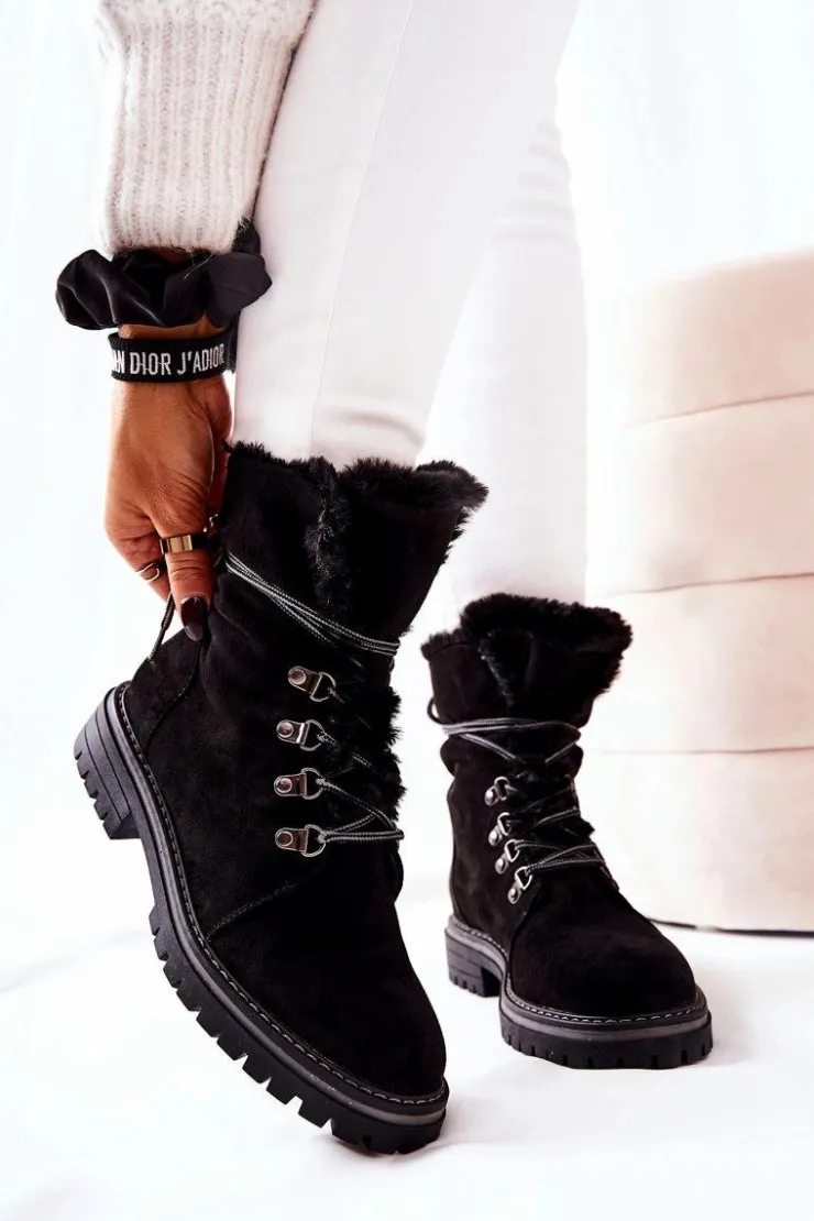 Boto Damskie Trapery|Botki Sznurowane*Botki Trapery Ocieplane Czarne Nelby