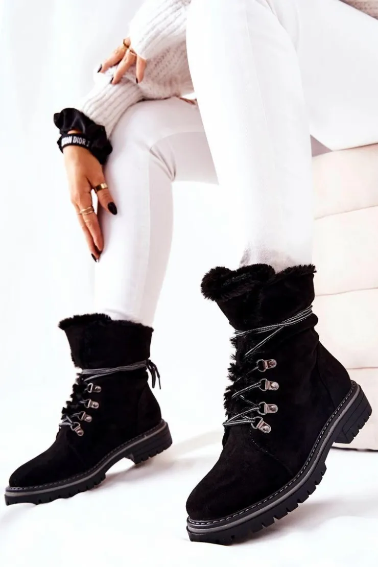 Boto Damskie Trapery|Botki Sznurowane*Botki Trapery Ocieplane Czarne Nelby