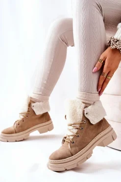 Hot Boto Botki Trapery Ocieplane Wiązane Beżowe Karley