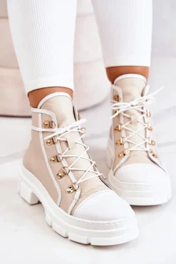 Damskie Boto Botki Trapery Skórzane Beżowo-Białe Letty