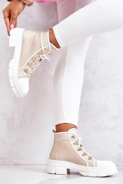 Damskie Boto Botki Trapery Skórzane Beżowo-Białe Letty