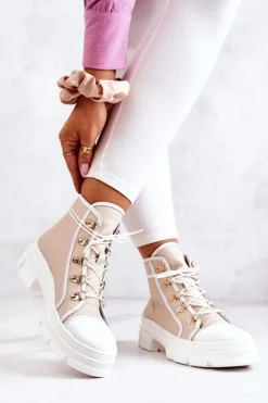 Damskie Boto Botki Trapery Skórzane Beżowo-Białe Letty