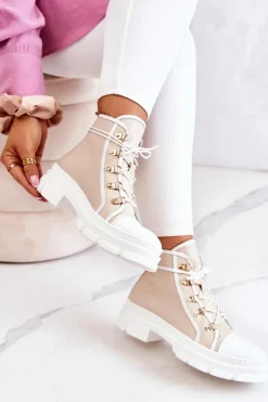 Damskie Boto Botki Trapery Skórzane Beżowo-Białe Letty