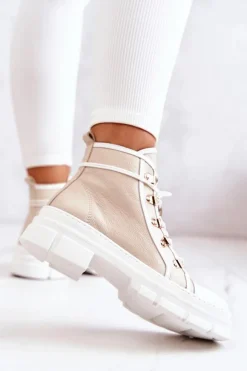 Damskie Boto Botki Trapery Skórzane Beżowo-Białe Letty