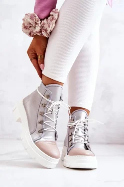 Boto Botki Wiosenne|Damskie Trapery*Botki Trapery Skórzane Srebrne Letty