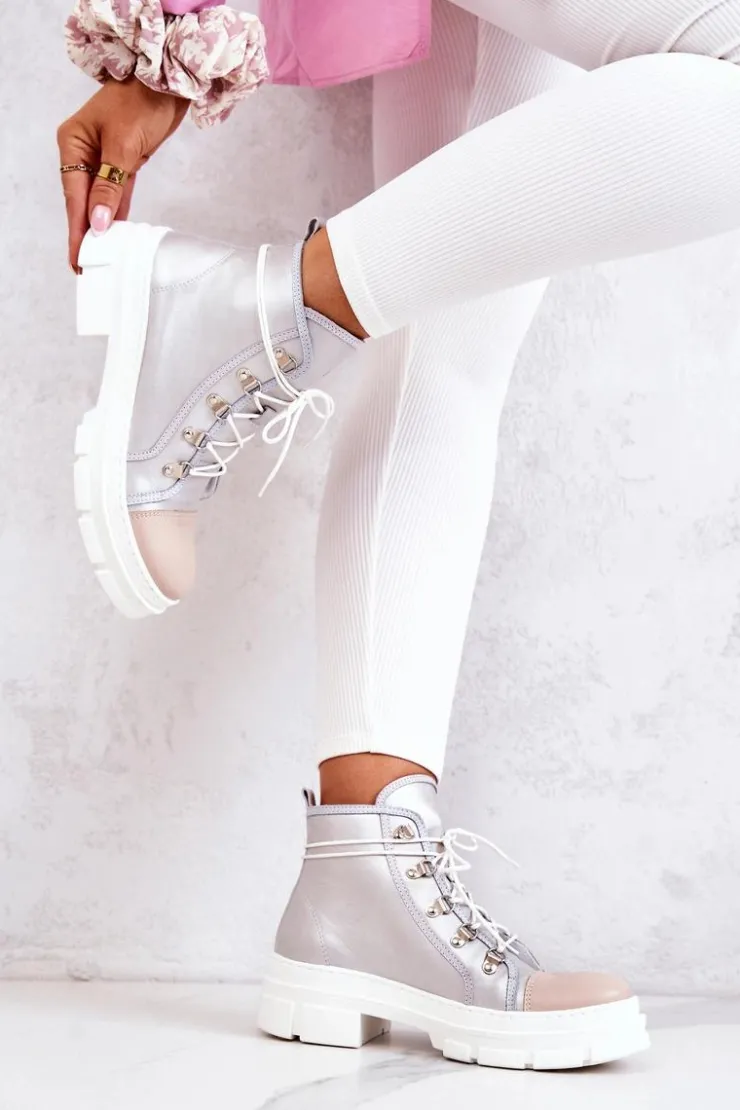 Boto Botki Wiosenne|Damskie Trapery*Botki Trapery Skórzane Srebrne Letty