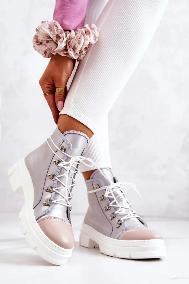 Boto Botki Wiosenne|Damskie Trapery*Botki Trapery Skórzane Srebrne Letty